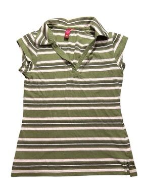 Small Y2K green and white striped polo shirt with flower detail